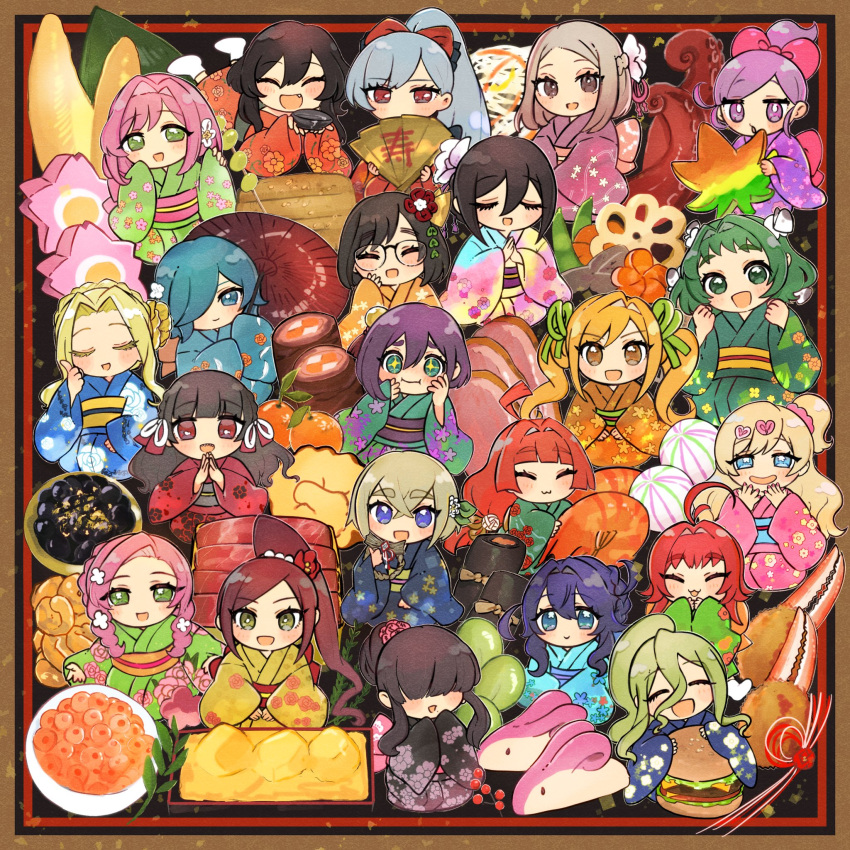 6+girls, animal-themed_food, aqua_kimono, baio_rin, black_kimono, blue_kimono, bonnouji_momoha, burger