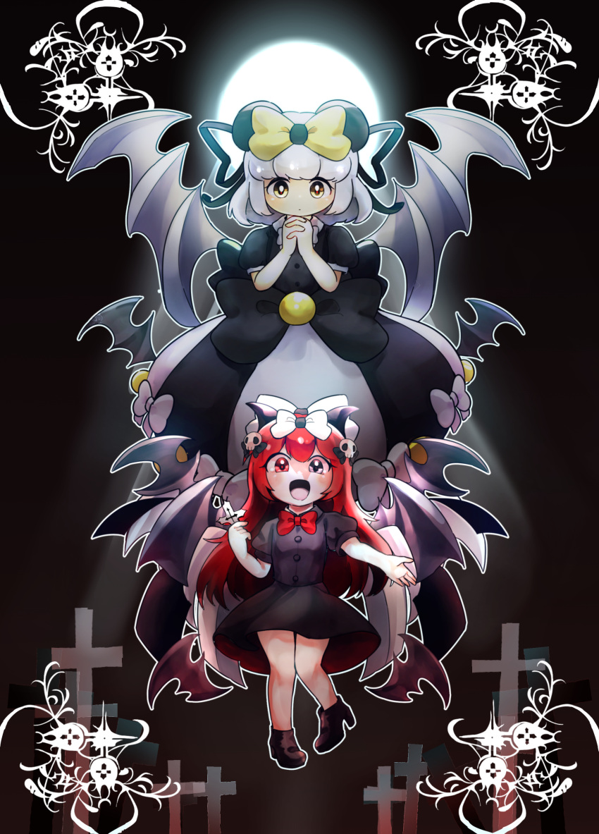 2girls, absurdres, black_dress, cross, demon_horns, demon_wings, dress, hair_ornament, heterochromia, highres, holding, holding_cross, horns, mapa_(wqgrkt_krbko), multiple_girls, nyanyamo_daowa, open_mouth, own_hands_clasped, own_hands_together, pale_skin, redhead, ribbon, skull_hair_ornament, towelket_wo_mou_ichido, warawau_nyamunyamu, white_hair, wings, yorumorukimiri