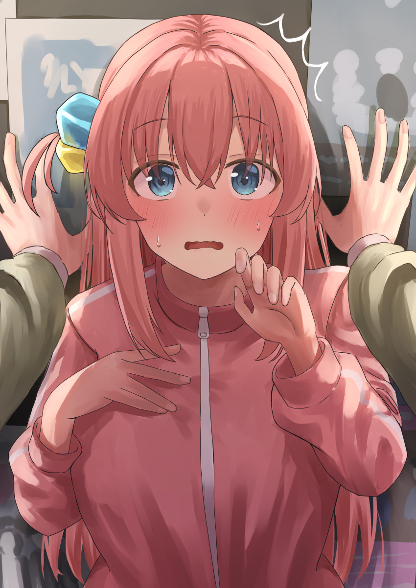 2girls, ^^^, absurdres, blue_eyes, blush, bocchi_the_rock!, commentary, crossed_bangs