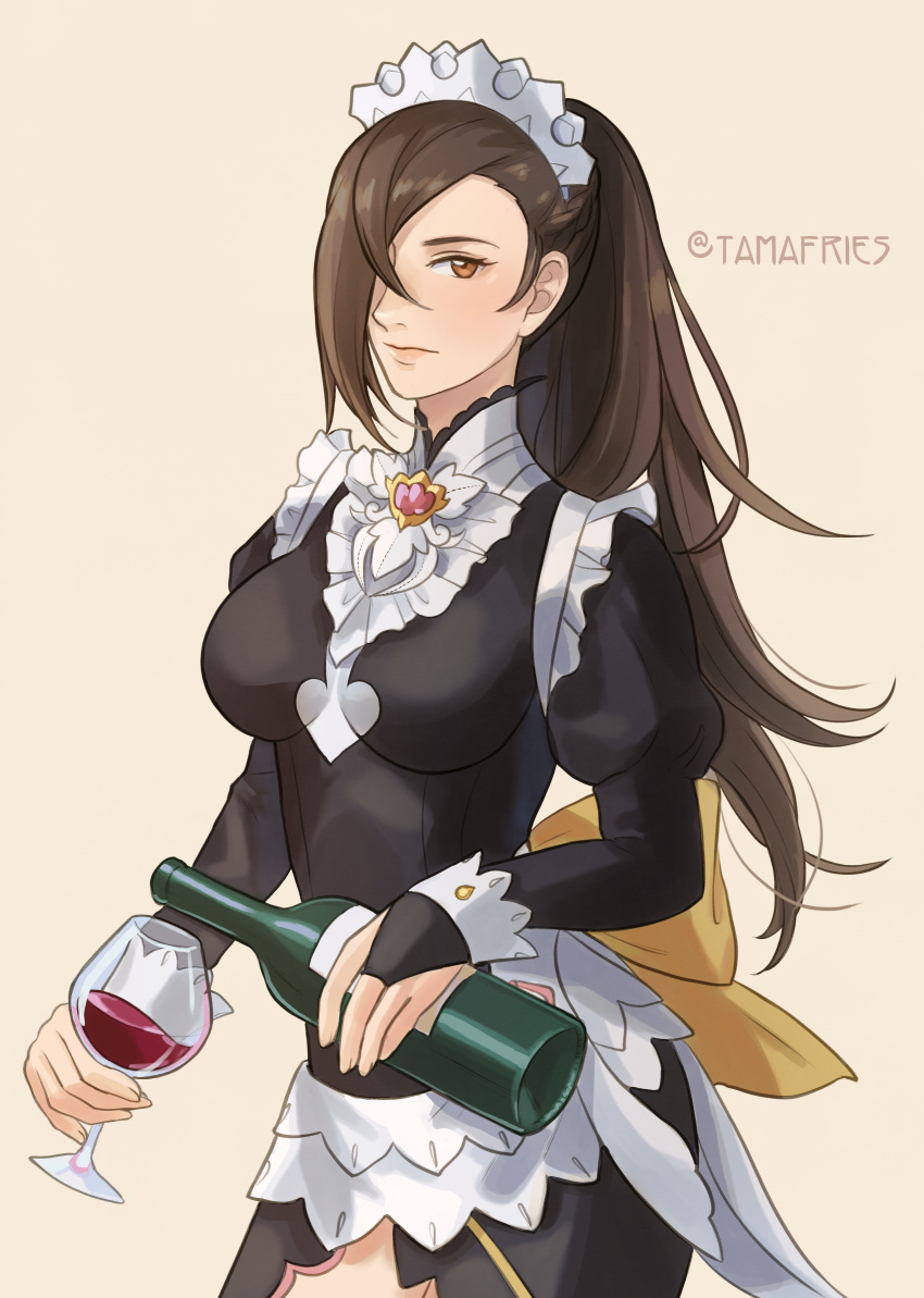 1girl, absurdres, bottle, breasts, brooch, brown_hair, cup, drinking_glass
