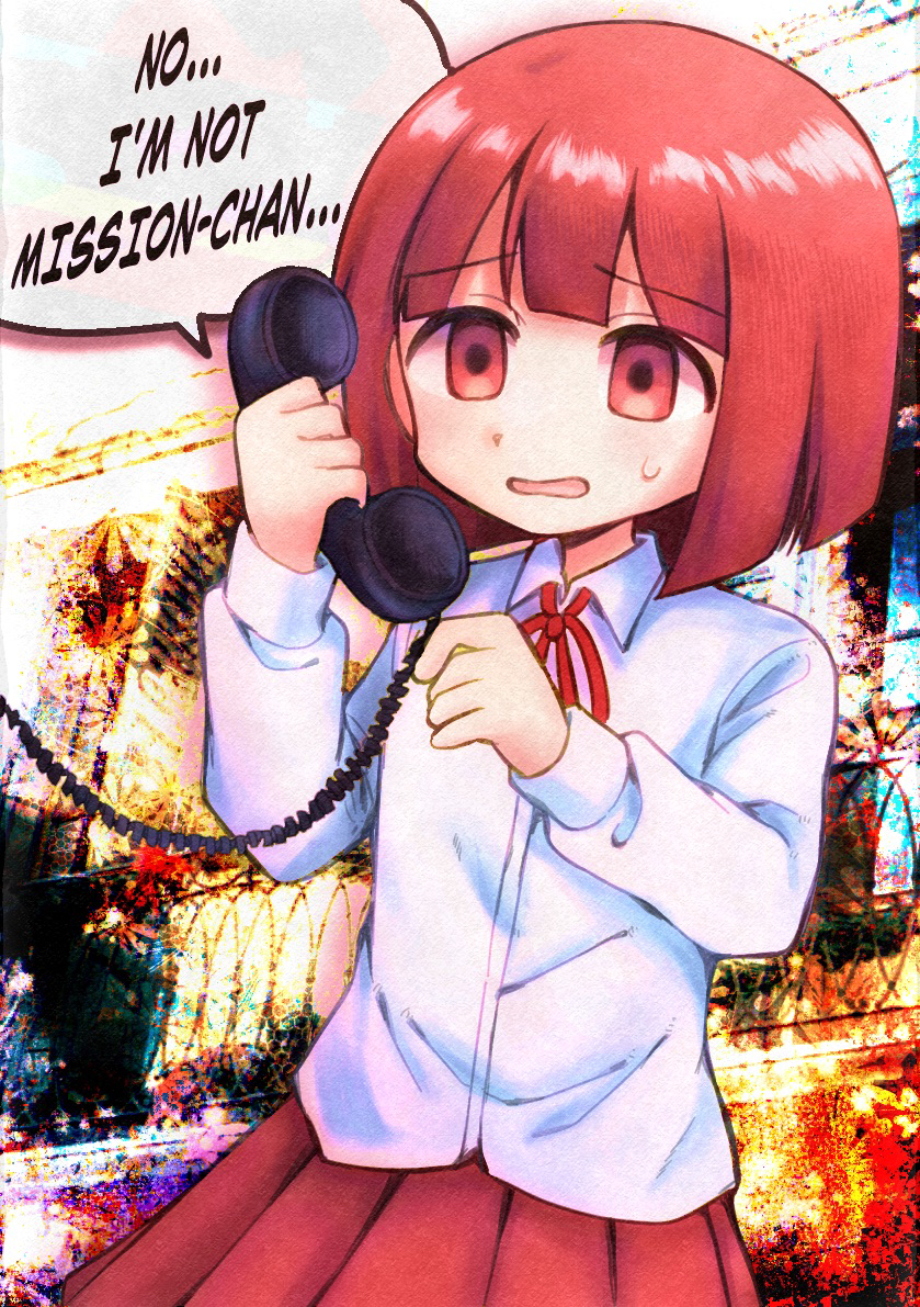 1girl, blunt_bangs, bob_cut, corded_phone, english_text, holding, holding_phone, ki_syou_ten_ketu