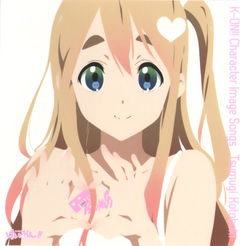 album_cover, alternate_hairstyle, aqua_eyes, bare_shoulders, blonde_hair, bodypaint, character_single, cover, dress, heart, heart_hands, highres, horiguchi_yukiko, k-on!, kotobuki_tsumugi, official_art, scan, side_ponytail, simple_background, solo