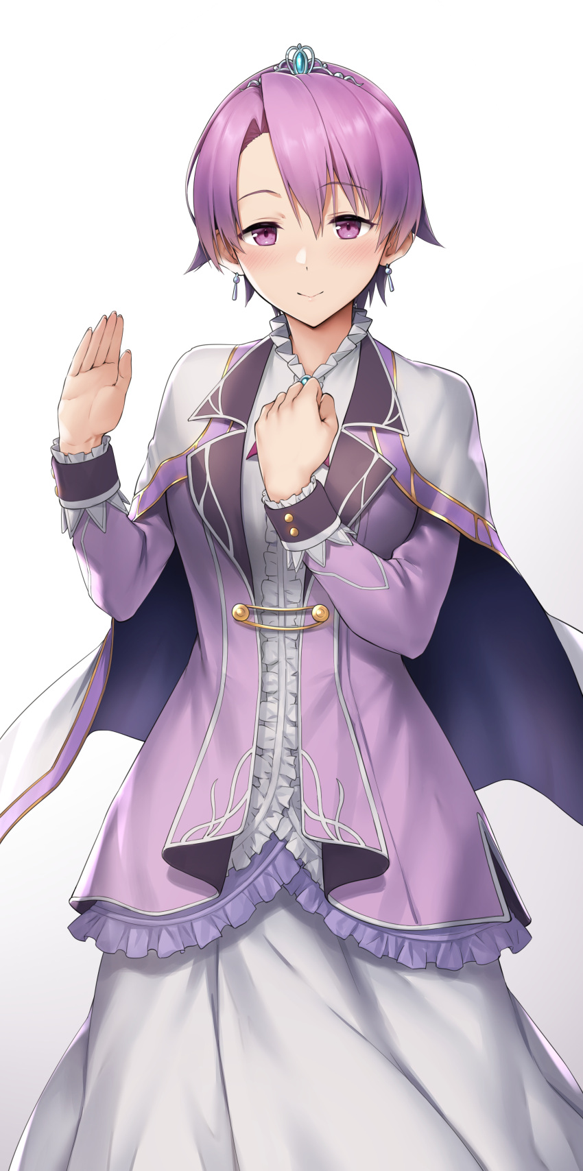 1boy, 1girl, absurdres, blush, breasts, capelet, closed_mouth, coat, collar, commentary, commission, cowboy_shot, dress, earrings, eiyuu_densetsu, feet, frilled_collar, frills, from_above, furrowed_brow, hand_on_own_chest, henria, highres, jewelry, kloe_rinz, looking_at_viewer, medium_breasts, parted_bangs, purple_coat, purple_hair, sen_no_kiseki_(series), sen_no_kiseki_iv, short_hair, skeb_commission, smile, sora_no_kiseki, standing, sweat, tiara, violet_eyes, waving, white_capelet, white_dress
