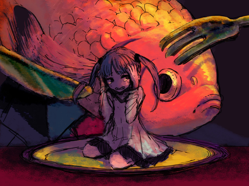 1girl, averting_eyes, clenched_teeth, crying, dress, fish, fork, fujishiro_mikaze