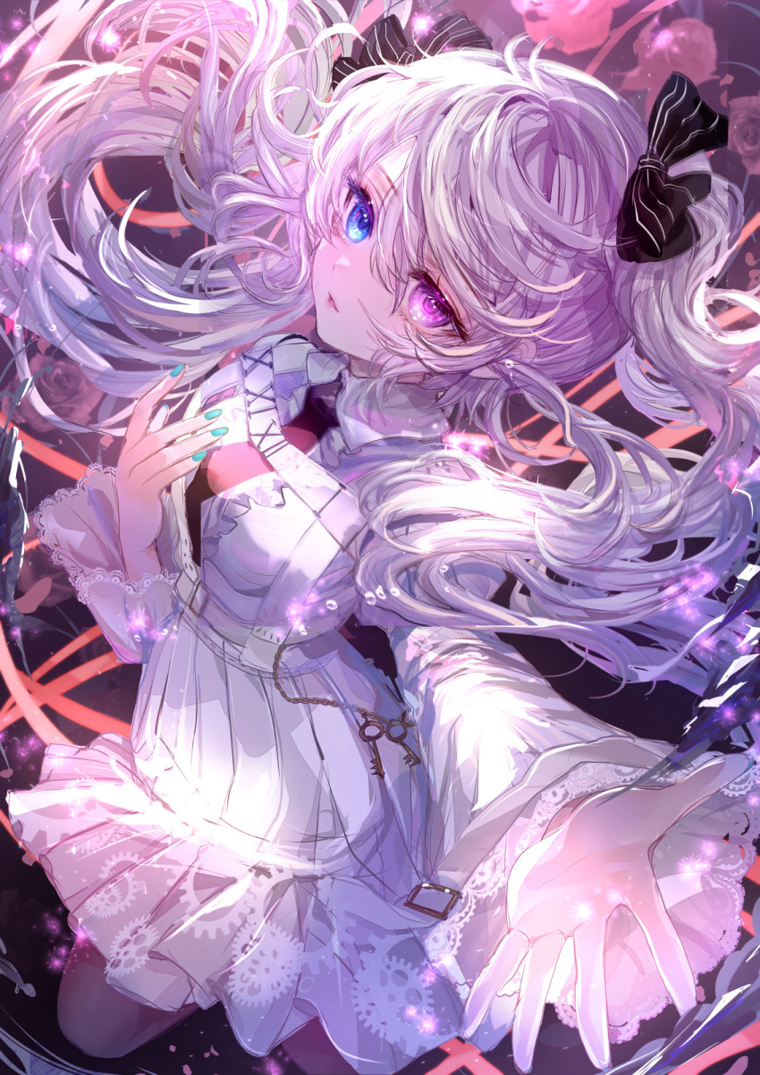 1girl, 25-ji_miku, aqua_nails, black_bow, blue_eyes, bow, chain, collared_dress, dress, floating_hair, frilled_dress, frilled_sleeves, frills, hair_between_eyes, hair_bow, hatsune_miku, heterochromia, highres, key, komorihikki, long_hair, long_sleeves, looking_at_viewer, necktie, pink_eye, project_sekai, puffy_long_sleeves, puffy_sleeves, red_necktie, solo, striped_bow, twintails, very_long_hair, vocaloid, white_dress