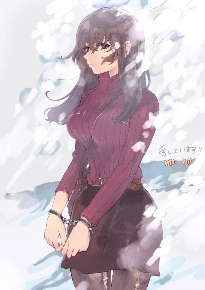 1girl, bag, belt, between_breasts, breasts, brown_belt, brown_eyes, brown_hair