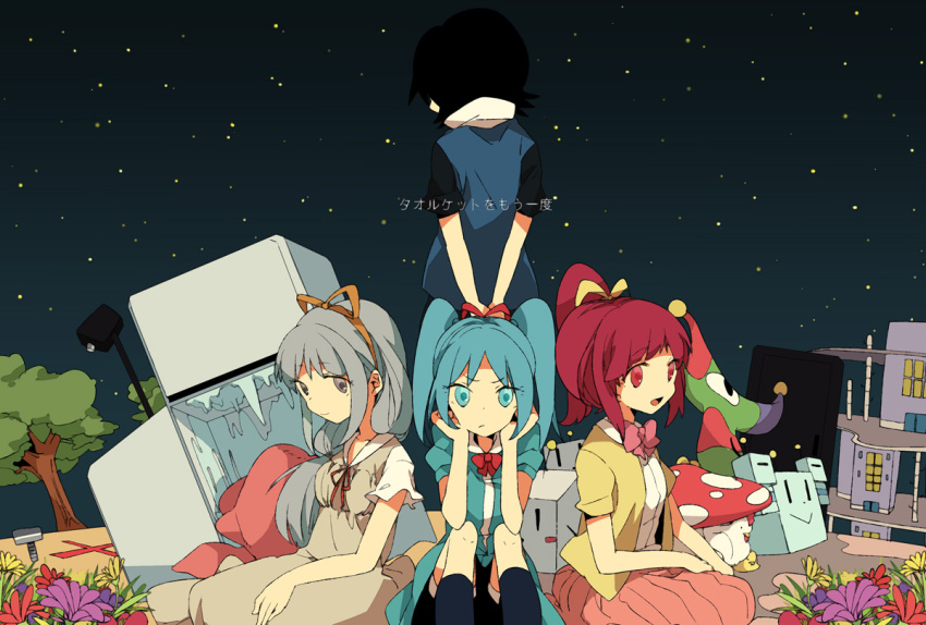 1boy, 3girls, arms_behind_back, black_hair, blue_dress, blue_eyes, blue_hair, blue_shirt