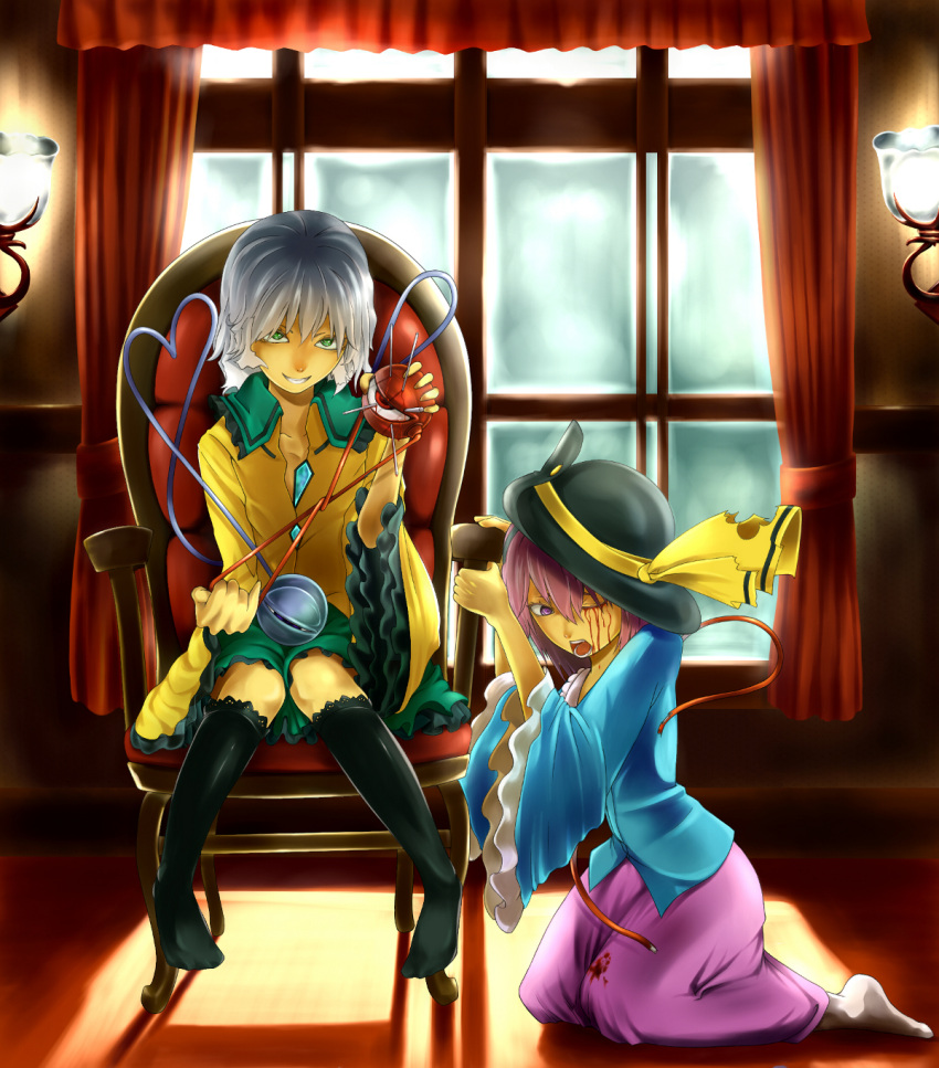 2girls, blood, diohazard, highres, komeiji_koishi, komeiji_satori, multiple_girls, third_eye