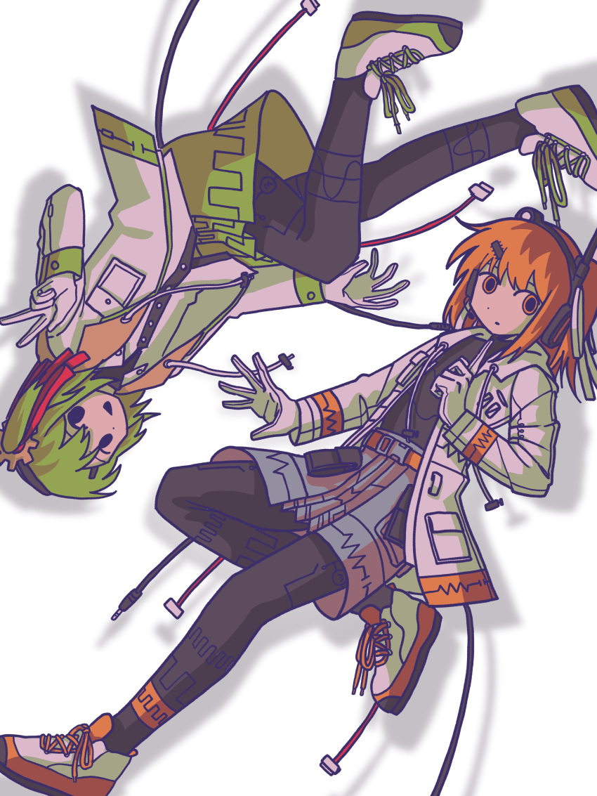 2girls, a.i._voice, absurdres, adachi_rei, belt, belt_pull, black_pantyhose, black_shirt, buckle, cable, chaun_meguri, commentary_request, gear_hair_ornament, gloves, green_hair, green_skirt, grey_skirt, hair_ornament, hair_ribbon, hand_up, headlamp, headset, highres, jacket, kimwazak, korean_commentary, light_smile, looking_at_viewer, medium_hair, multiple_girls, one_side_up, open_clothes, open_jacket, open_mouth, orange_belt, orange_eyes, original, pantyhose, red_ribbon, ribbon, shirt, simple_background, skirt, snap-fit_buckle, upside-down, utau, v, white_background, white_footwear, white_gloves, white_jacket, white_shirt