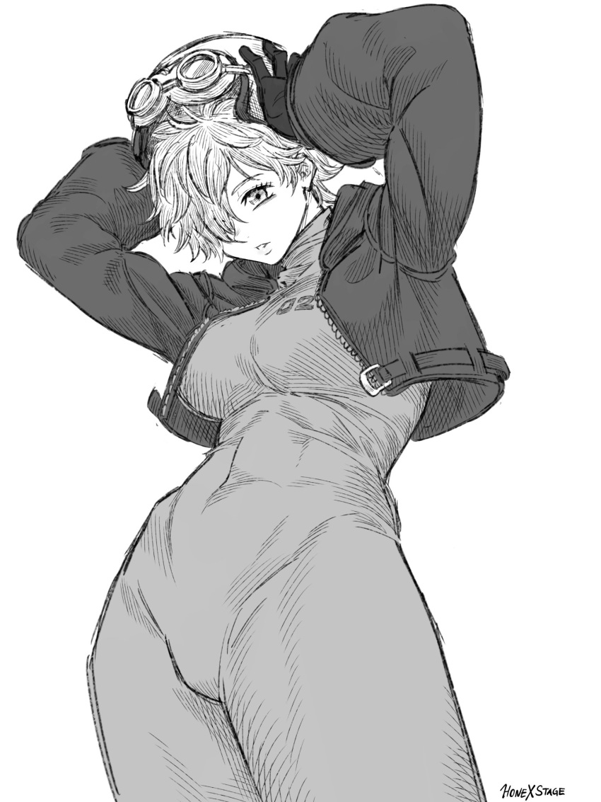 1girl, artist_name, black_gloves, commentary, gloves, greyscale, hair_over_one_eye, helmet, highres, holding, holding_helmet, honexstage, jacket, leather, leather_jacket, long_sleeves, monochrome, one_eye_covered, one_piece, open_clothes, open_jacket, short_hair, simple_background, solo, vegapunk_lilith, white_background