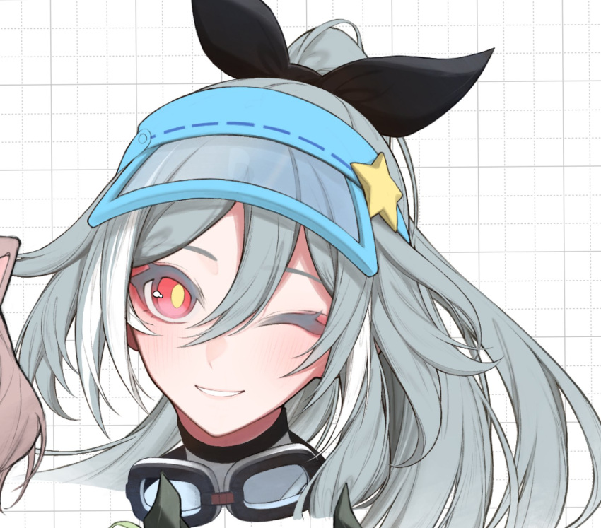 1girl, blue_hat, fu_hua, fu_hua_(herrscher_of_sentience), fu_hua_(ooh!_summer!)_(herrscher_of_sentience), goggles, goggles_around_neck, grey_hair, grid_background, hair_between_eyes, hat, high_ponytail, highres, honkai_(series), honkai_impact_3rd, long_hair, multicolored_hair, official_alternate_costume, one_eye_closed, ponytail, portrait, red_eyes, smile, solo, streaked_hair, visor_cap, white_hair, yunomi_(yunomi_hs)