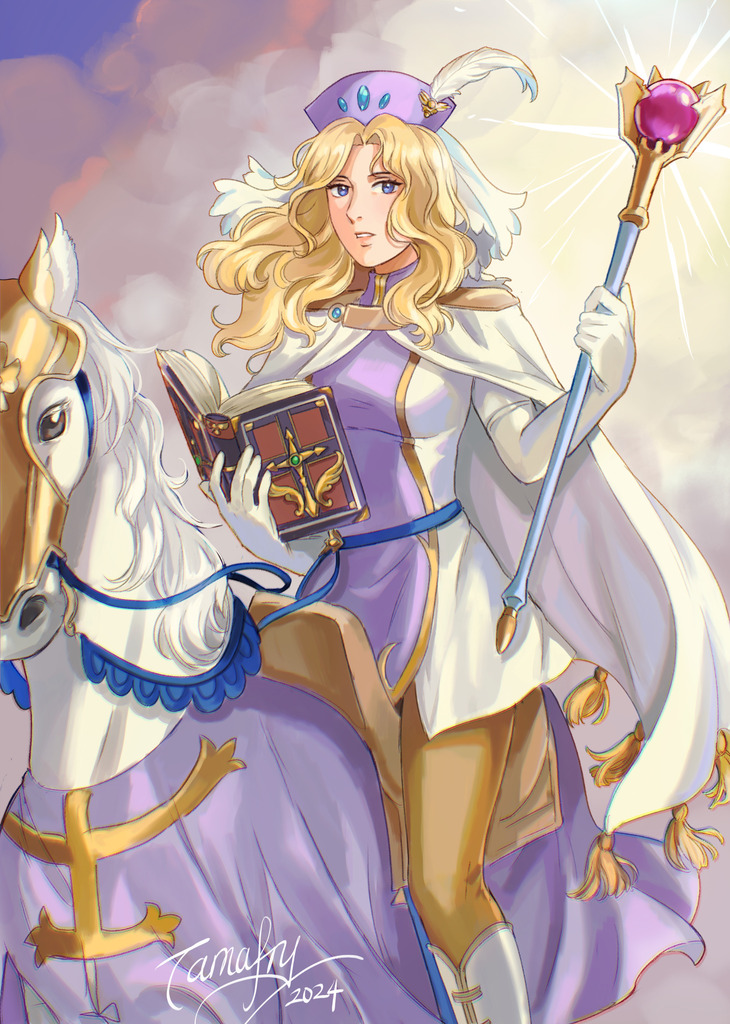 1girl, blonde_hair, blue_eyes, book, breasts, cape, clouds, cloudy_sky