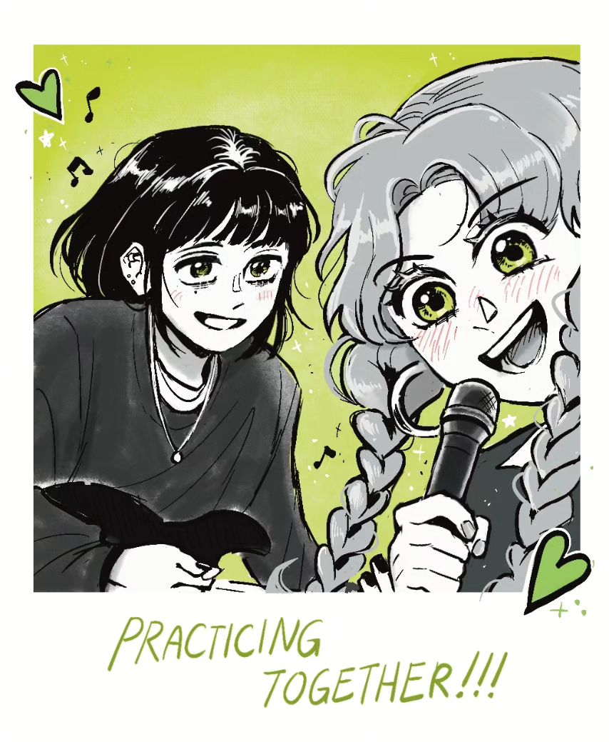 2girls, :d, beamed_eighth_notes, blush, braid, commentary, ear_piercing, eighth_note