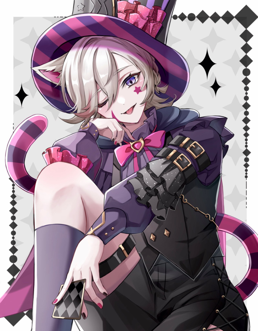 1boy, ;p, animal_ears, black_hat, black_nails, black_shorts, black_socks, bow