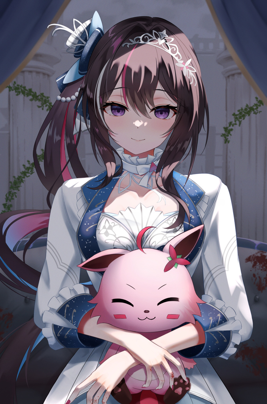 1girl, absurdres, azki_(dress)_(hololive), azki_(hololive), black_hair, blood, blood_on_hands, blood_splatter, blush, breasts, closed_mouth, colored_inner_hair, hair_between_eyes, highres, hololive, long_hair, looking_at_viewer, multicolored_hair, official_alternate_costume, pink_hair, pioneer_(azki), shaded_face, side_ponytail, streaked_hair, telu_(teluscarlet), tiara, violet_eyes, virtual_youtuber, white_hair, yandere