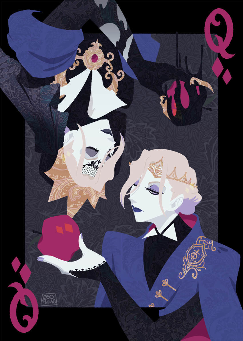 2boys, apple, blonde_hair, bridal_gauntlets, card, claw_ring, commentary_request, crown