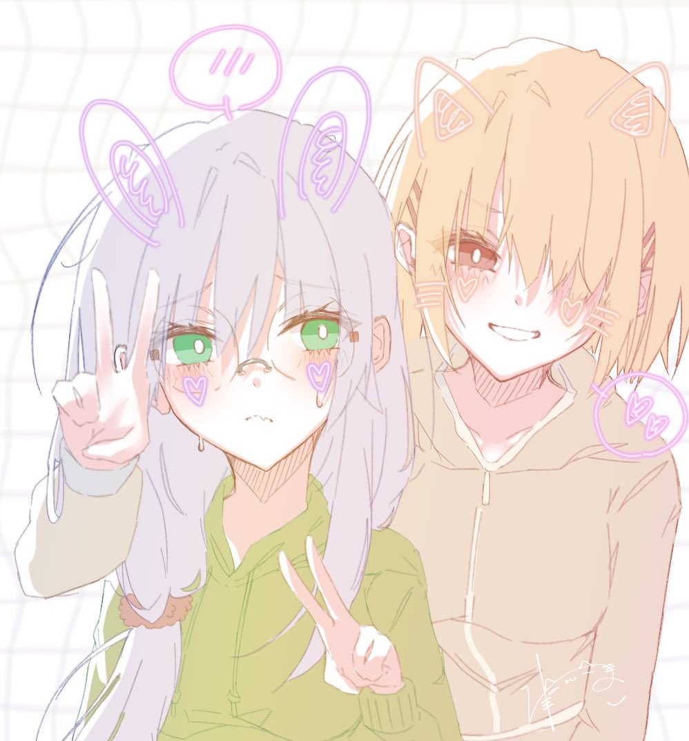 2girls, blonde_hair, blush, drawn_ears, drawn_whiskers, glasses, green_eyes, grey_hair