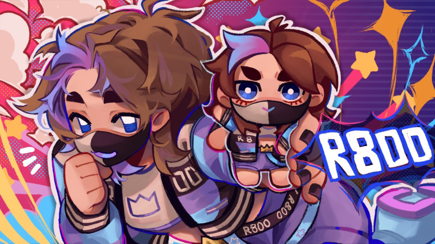 1other, androgynous, black_nails, blue_eyes, brown_hair, character_doll, character_name, commentary, crop_top, english_commentary, holding, holding_stuffed_toy, hulatie, indie_virtual_youtuber, jacket, looking_at_viewer, mask, medium_hair, midriff, mouth_mask, nail_polish, open_clothes, open_jacket, other_focus, ranboo, ranboo_(r800), solo, sparkle, stuffed_toy, virtual_youtuber