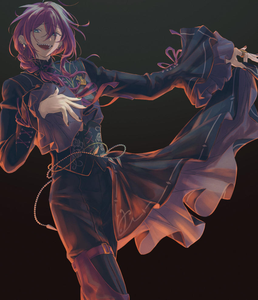 0000972, 1boy, :d, ayase_mayoi, ayase_mayoi_(eerie_dusk), backlighting, bell_sleeves, belt