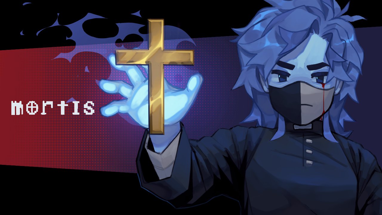 1other, androgynous, blood, commentary, cosplay, cross, english_commentary, english_text, faith_(game), glowing, hulatie, indie_virtual_youtuber, john_ward, john_ward_(cosplay), letterboxed, looking_at_viewer, mask, medium_hair, mouth_mask, other_focus, patterned_background, priest, ranboo, ranboo_(r800), upper_body, virtual_youtuber