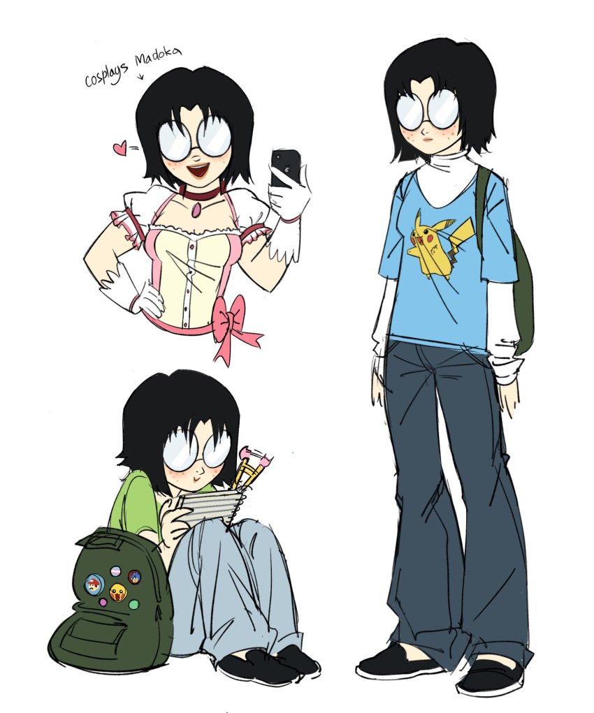 1girl, black_hair, black_pants, blue_shirt, class_of_09, cosplay, dress, genderswap, genderswap_(mtf), glasses, gloves, green_bag, hand_on_own_hip, highres, holding, holding_phone, jeffrey_(class_of_09), kaname_madoka, kaname_madoka_(cosplay), kaname_madoka_(magical_girl), kegush, layered_sleeves, long_sleeves, looking_at_viewer, mahou_shoujo_madoka_magica, mahou_shoujo_madoka_magica_(anime), medium_hair, opaque_glasses, pants, phone, pikachu, pink_dress, pokemon, shirt, short_over_long_sleeves, short_sleeves, simple_background, white_background, white_gloves, white_pants, white_shirt
