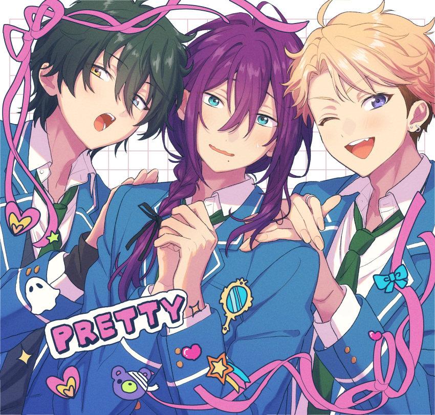 0000972, 3boys, :o, ;d, absurdres, ahoge, aqua_eyes, ayase_mayoi