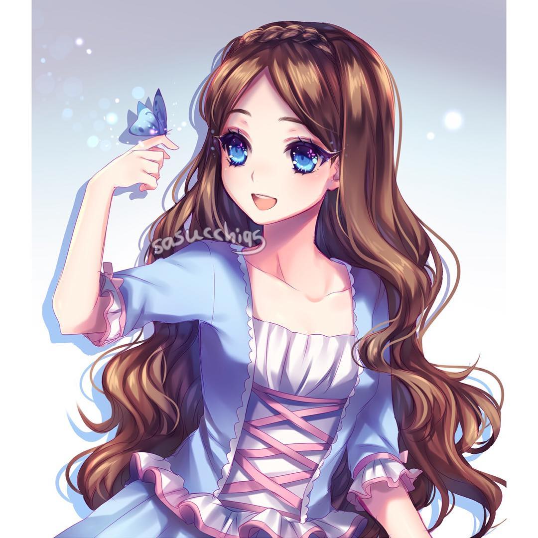 1girl, :d, aristocratic_clothes, arm_at_side, artist_name, barbie_(franchise), blue_background, blue_butterfly
