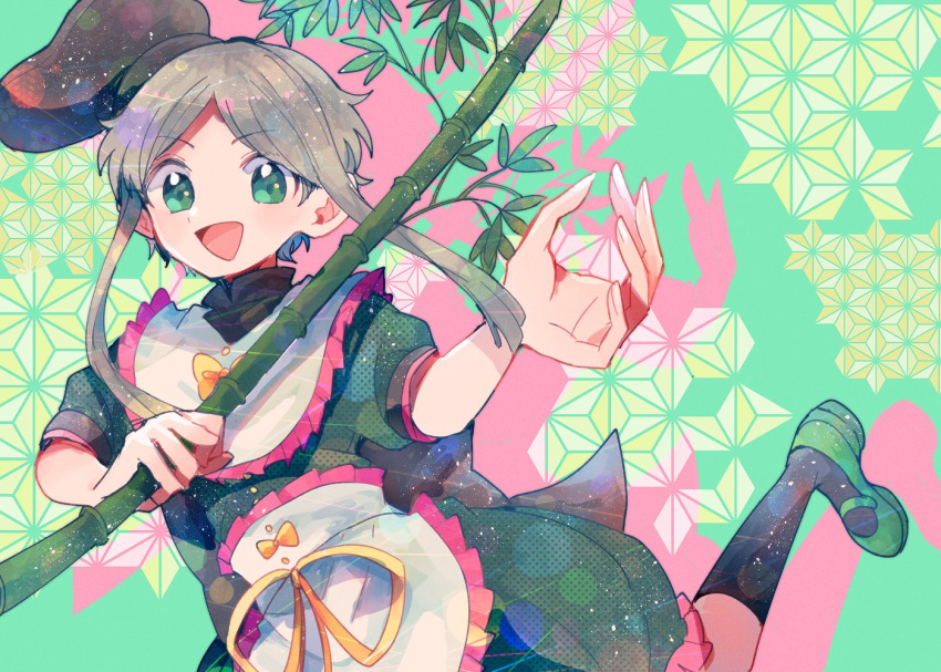 1girl, apron, asa_no_ha_(pattern), back_bow, bamboo, bamboo_shoot, black_bow, black_hat