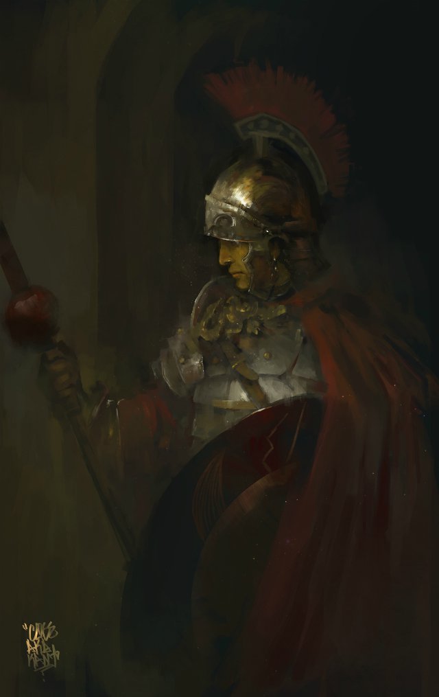 1boy, arch, armor, bad_bcy_id, bad_id, breastplate, brown_background, cape, chinese_commentary, closed_mouth, commentary_request, cowboy_shot, expressionless, fantasy, guyu_(bcy_929), helm, helmet, holding, holding_polearm, holding_shield, holding_weapon, indoors, knight, looking_to_the_side, male_focus, original, pauldrons, polearm, realistic, red_cape, shield, shoulder_armor, signature, solo, weapon