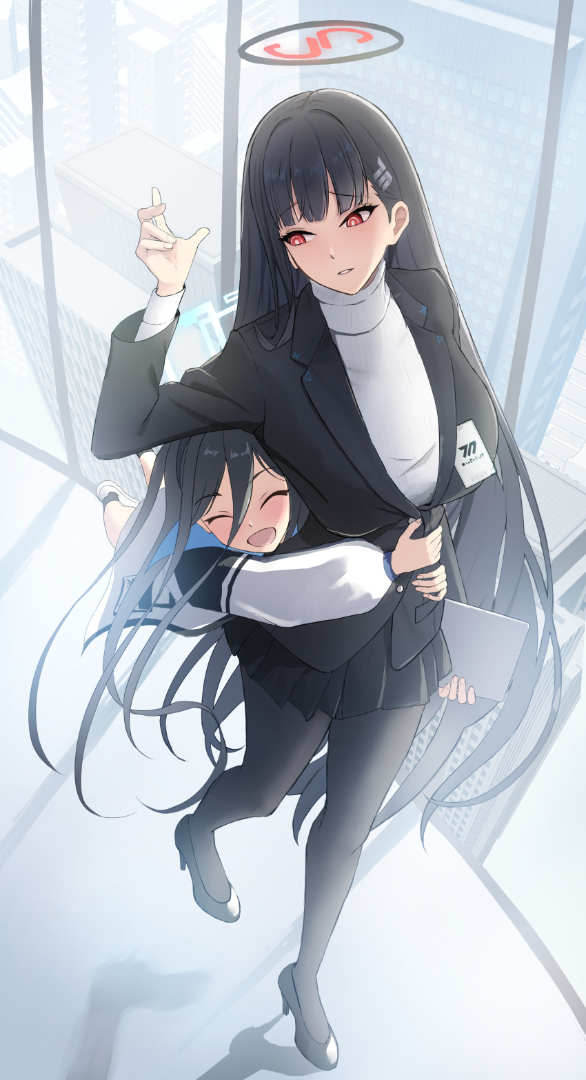 2girls, absurdres, aris_(blue_archive), asao_(asaomm12345), black_footwear, black_hair, black_halo, black_jacket