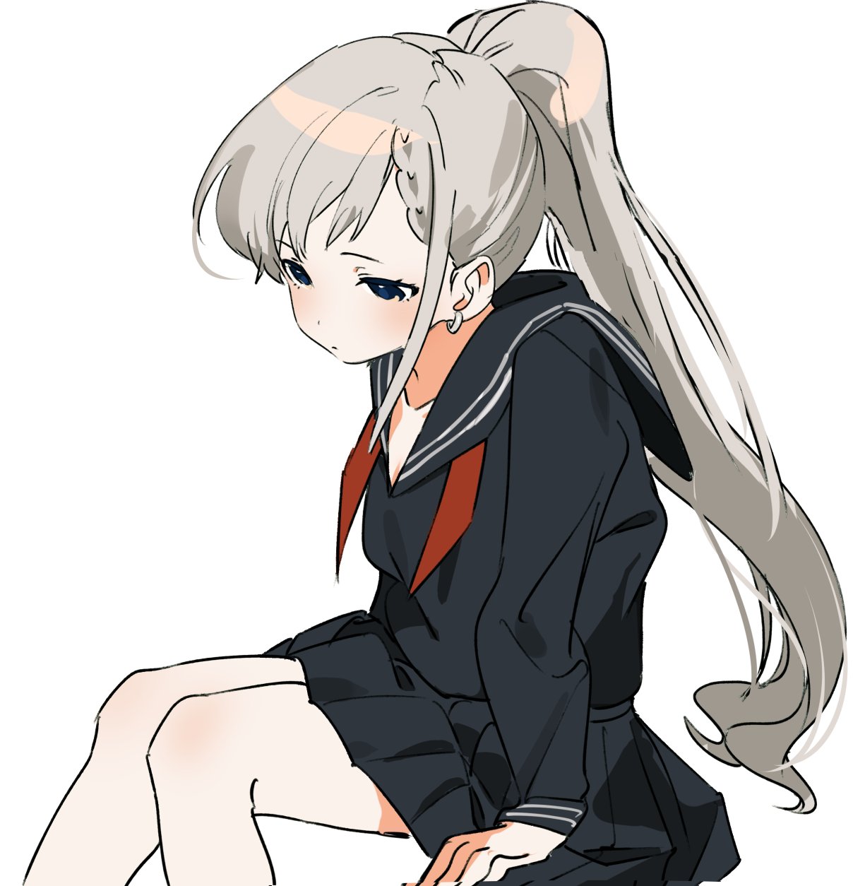 1girl, alternate_hairstyle, black_eyes, black_sailor_collar, black_serafuku, black_shirt, black_skirt, blush