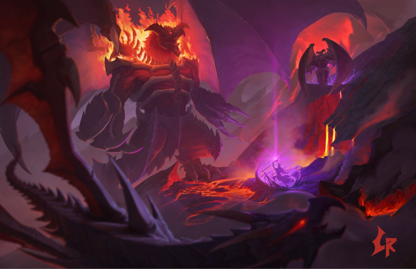 1boy, black_scales, black_skull_dragon, burning, casting_spell, chipyray, claws, dark_magician, demon, demon_horns, dragon, dragon_tail, dragon_wings, duel_monster, electricity, flying, glowing, glowing_eyes, highres, holding, holding_wand, horns, lava, monster, open_mouth, red-eyes_black_dragon, red_eyes, sharp_teeth, spikes, spread_wings, summoned_skull, tail, teeth, volcano, wand, watermark, wings, yu-gi-oh!