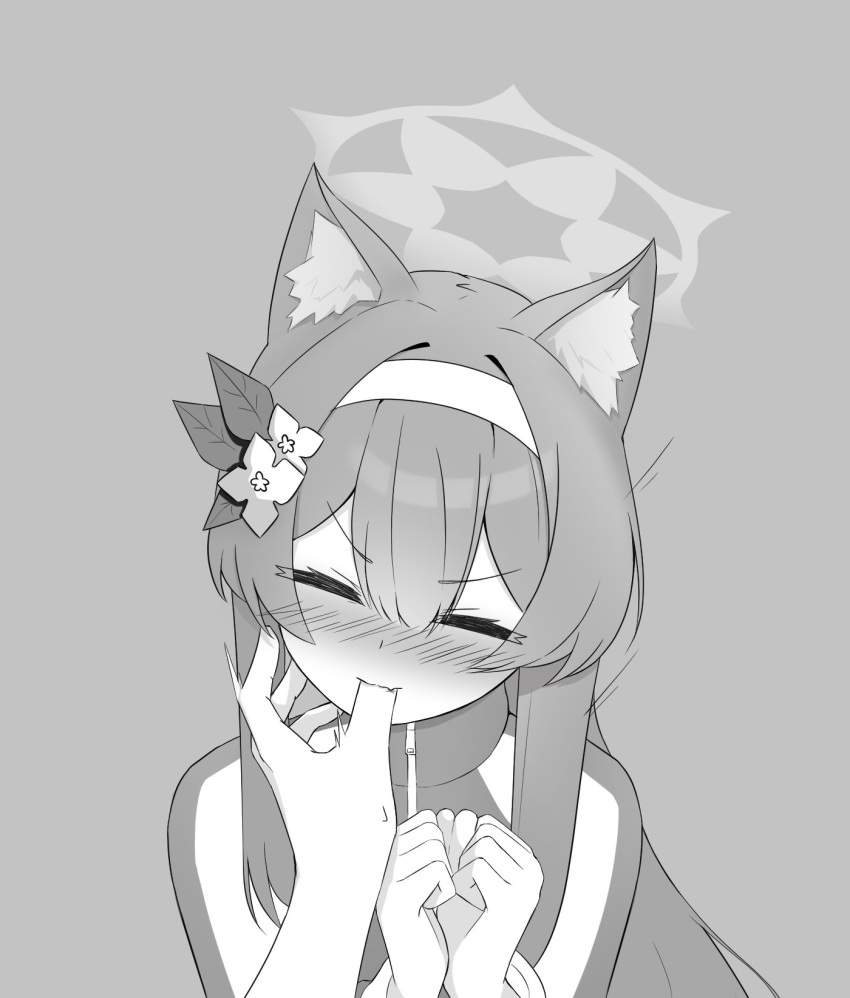 1girl, 1other, animal_ear_fluff, animal_ears, blue_archive, blush, cat_ears, closed_eyes
