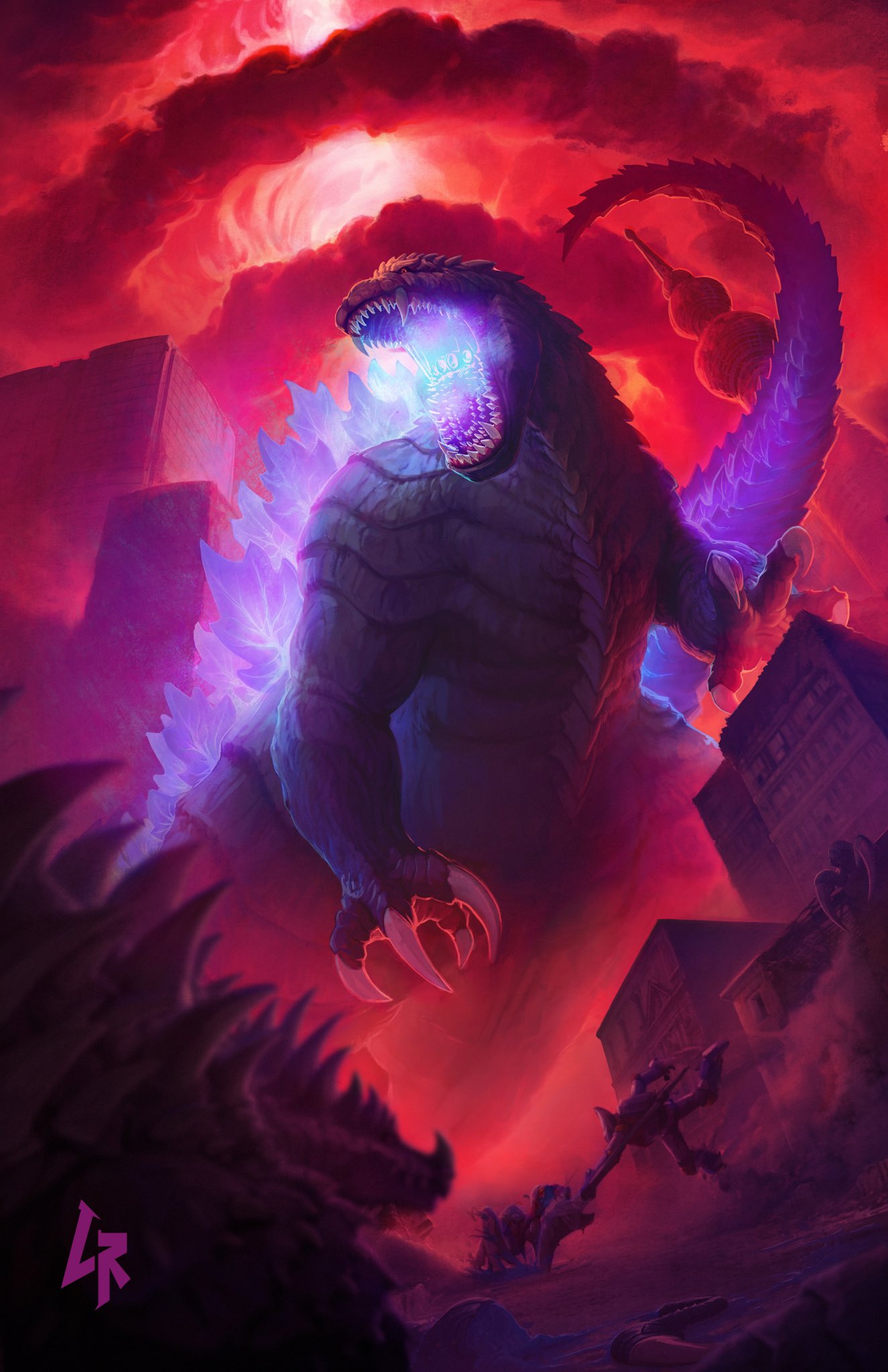 anguirus, blood, blue_blood, breath_weapon, breathing_fire, chipyray, city, claws