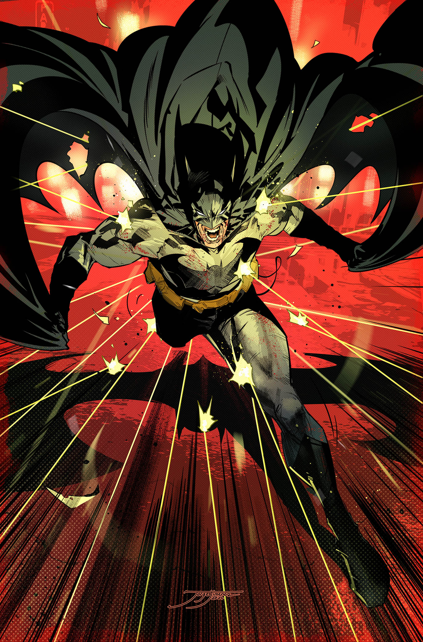 1boy, batman, batman_(series), belt, bullet_hole, cape, cowl, dc_comics