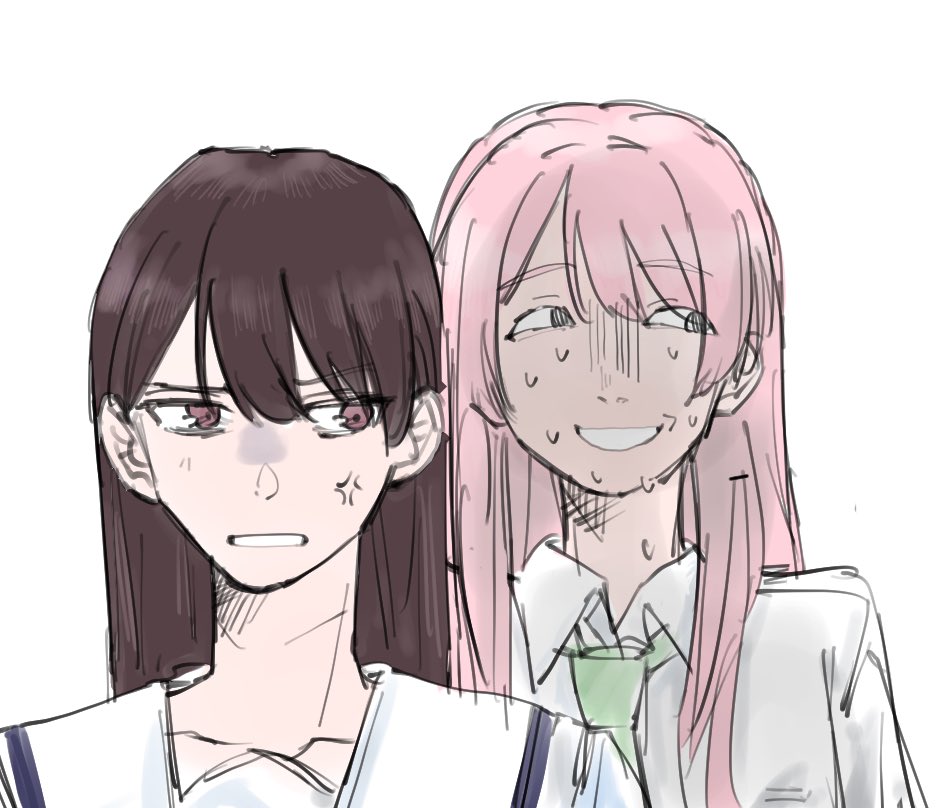 2girls, anger_vein, bang_dream!, bang_dream!_it's_mygo!!!!!, brown_hair, chihaya_anon, chinese_commentary, clenched_teeth, collared_shirt, commentary_request, green_necktie, haneoka_school_uniform, long_hair, michi_zone8, multiple_girls, necktie, nervous_sweating, open_mouth, pink_hair, school_uniform, shiina_taki, shirt, simple_background, sweat, teeth, upper_body, violet_eyes, white_background, white_shirt