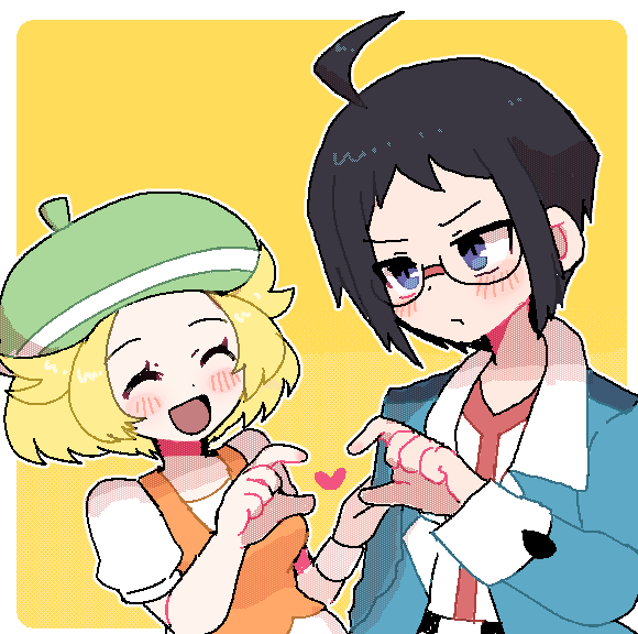 1boy, 1girl, ahoge, bianca_(pokemon), black_hair, blonde_hair, blue_jacket, blush