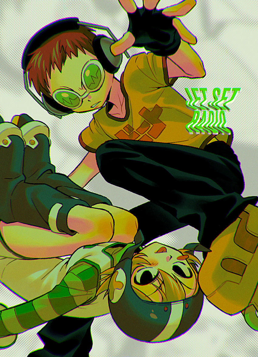 1boy, 1girl, beat_(jsr), ben-day_dots, black_gloves, blonde_hair, brown_hair, chromatic_aberration