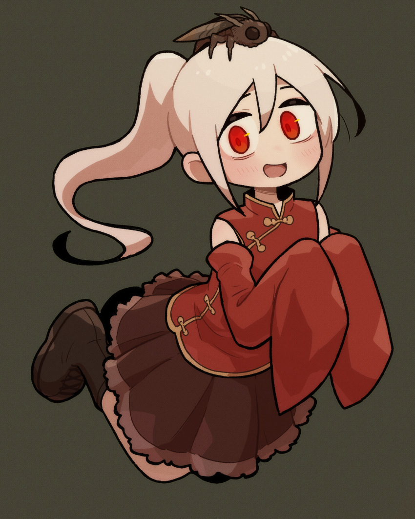 1girl, :d, animal_on_head, bags_under_eyes, bare_shoulders, boots, brown_footwear, brown_skirt