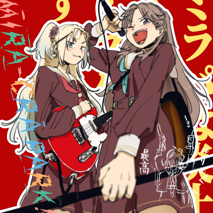 3girls, 524ryo, ;d, ahoge, anyoji_hime, aqua_neckerchief, blonde_hair, blue_eyes