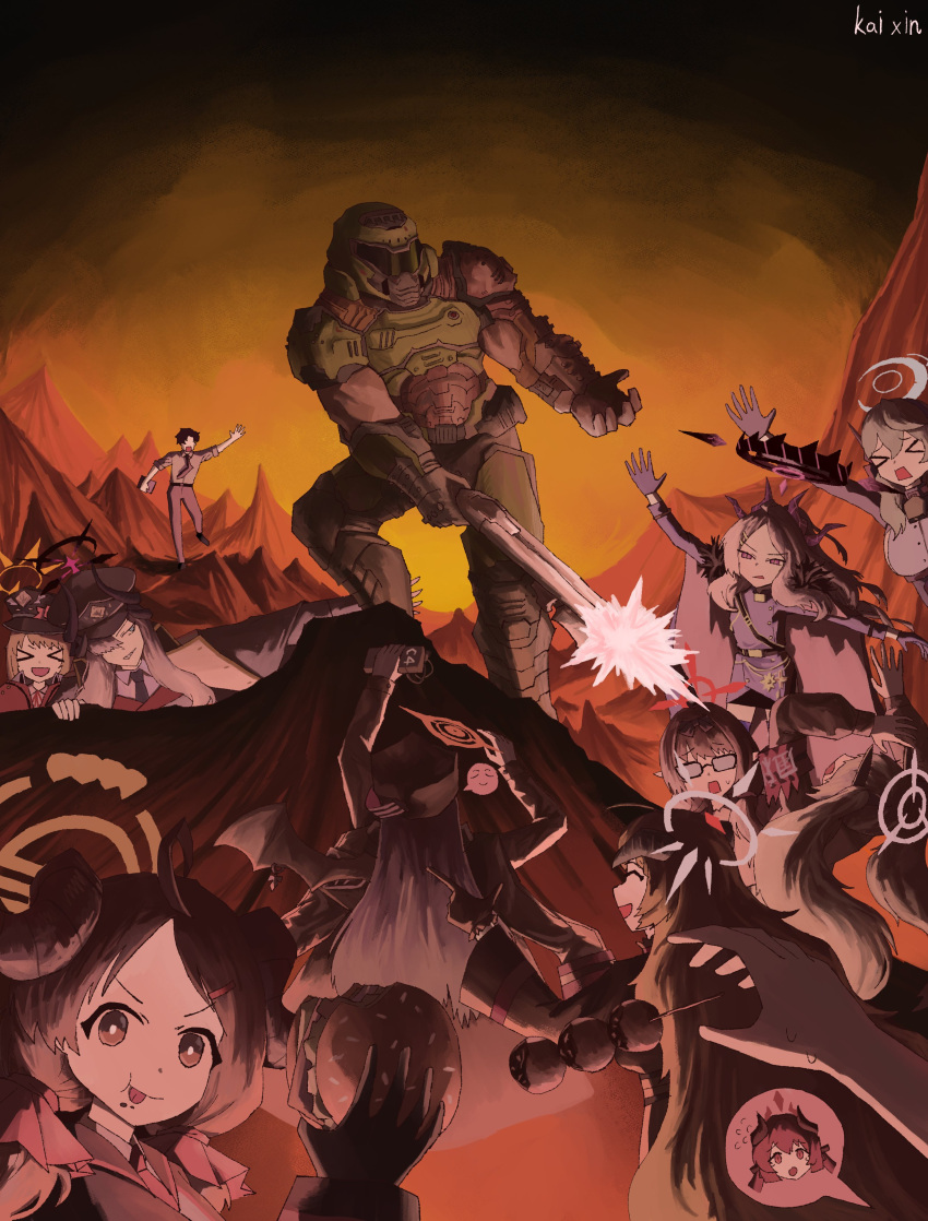 2boys, 6+girls, absurdres, ahoge, akari_(blue_archive), ako_(blue_archive), blue_archive, burger