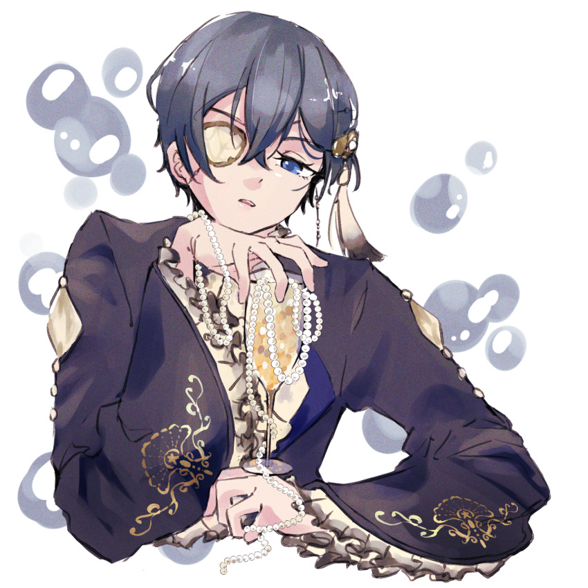 1boy, beads, bishounen, blue_eyes, blue_hair, blue_jacket, bubble, ciel_phantomhive, cropped_torso, dark_blue_hair, earrings, eyepatch, feathers, frilled_sleeves, frills, highres, jacket, jewelry, jitome, kuroshitsuji, looking_at_viewer, male_focus, nya_sa0412, open_mouth, short_hair, simple_background, solo, upper_body, white_background, wide_sleeves