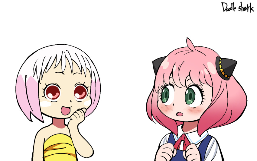 2girls, anya_(spy_x_family), blush, collared_shirt, commentary_request, crossover, doodle_shark, green_eyes
