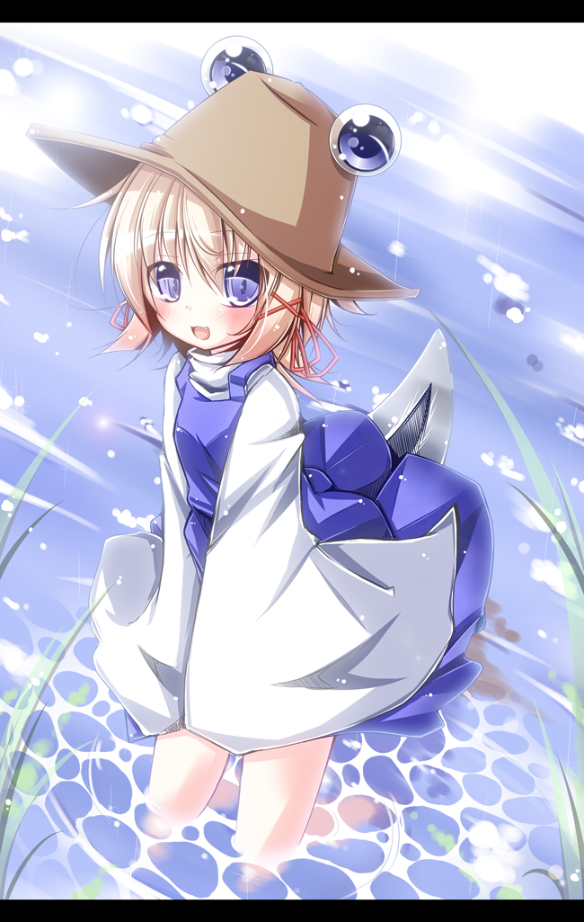 blonde_hair, blue_eyes, blush, futase_hijiri, hair_ribbon, hat, moriya_suwako, ribbon