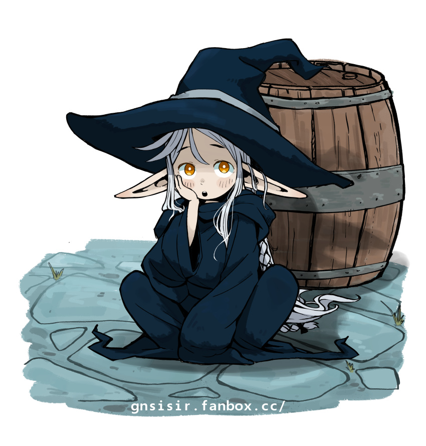 1girl, :o, absurdres, barrel, black_hat, bright_pupils, commentary, elf