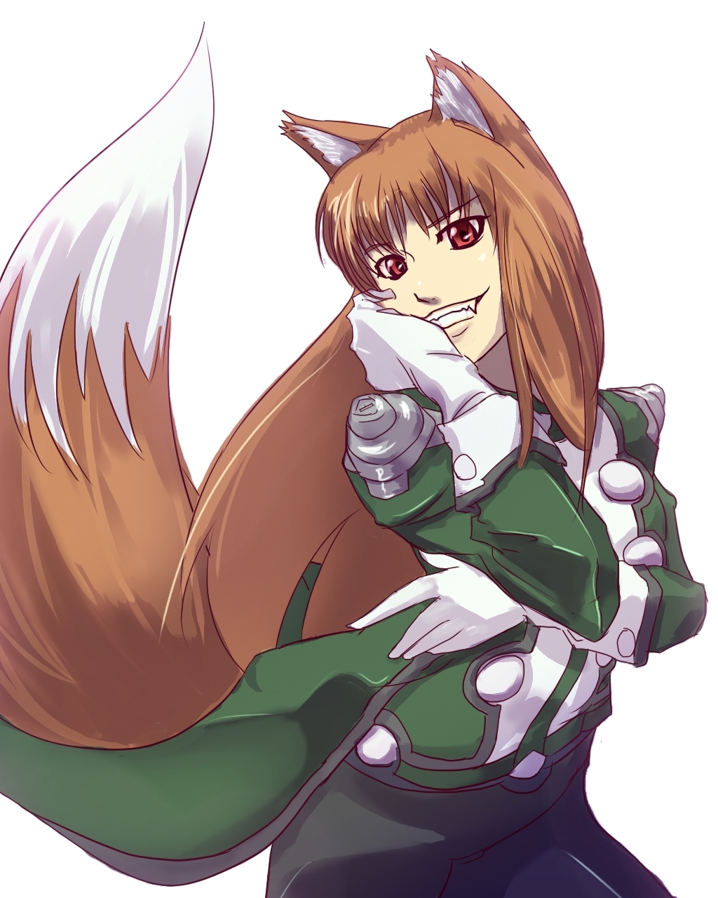 animal_ears, brown_hair, cosplay, fangs, gloves, grin, hand_on_another's_face, hand_on_face