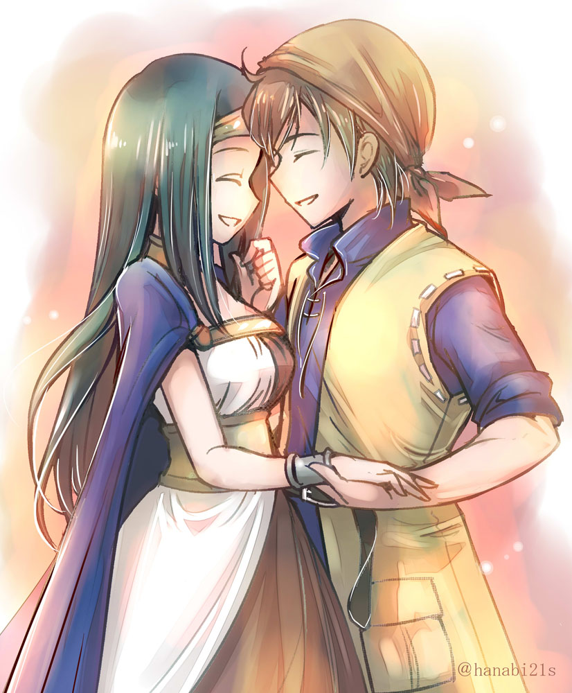 1boy, 1girl, ^_^, bandana, black_hair, blue_cape, brown_hair, cape, closed_eyes, commentary_request, dragon_quest, dragon_quest_viii, dress, hanabi21dq, hero_(dq8), hetero, holding_hands, long_hair, medea_(dq8), orange_bandana, smile, white_dress