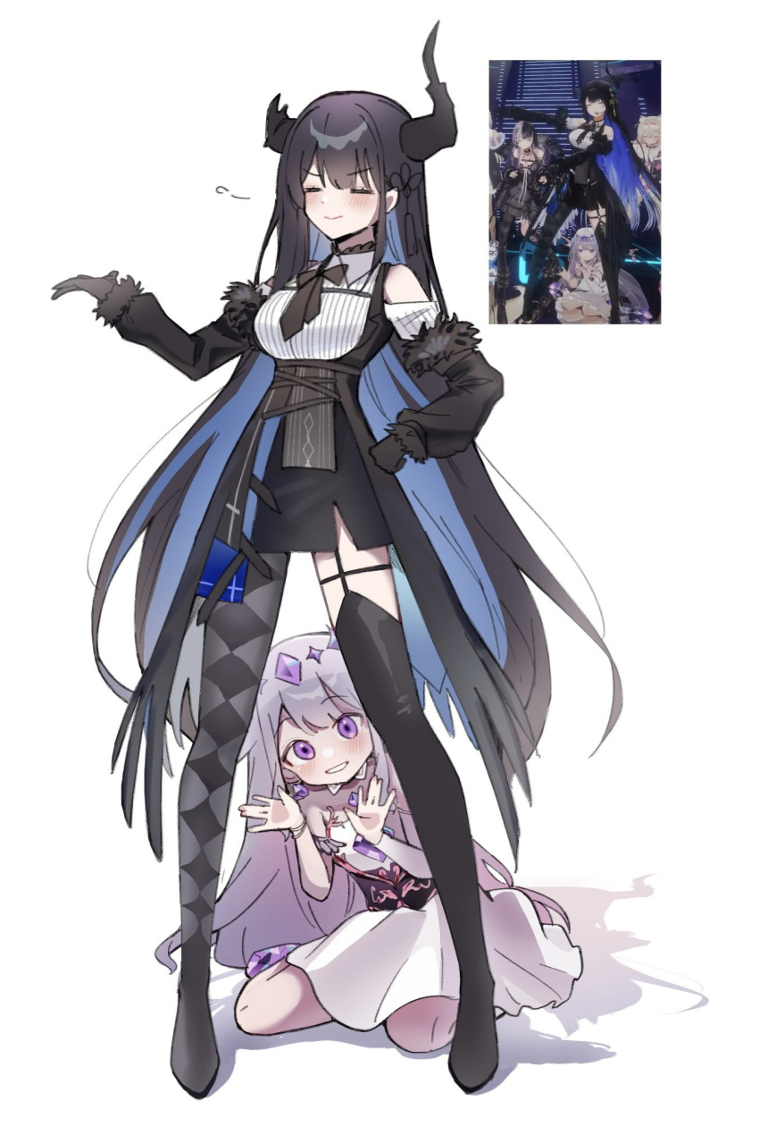 2girls, black_gloves, black_hair, black_necktie, black_pantyhose, black_skirt, black_thighhighs, blue_hair