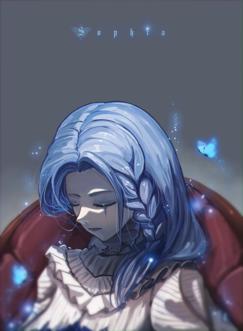 1girl, absurdres, blue_butterfly, blue_hair, braid, bug, butterfly, character_name