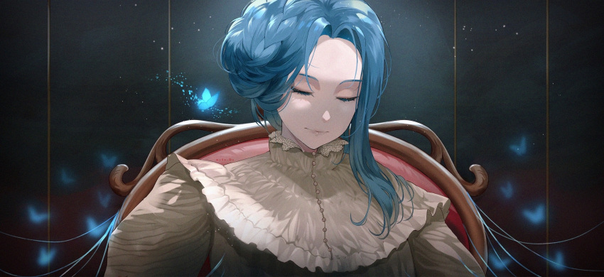 1girl, blue_butterfly, blue_hair, bug, butterfly, closed_eyes, closed_mouth, commentary_request